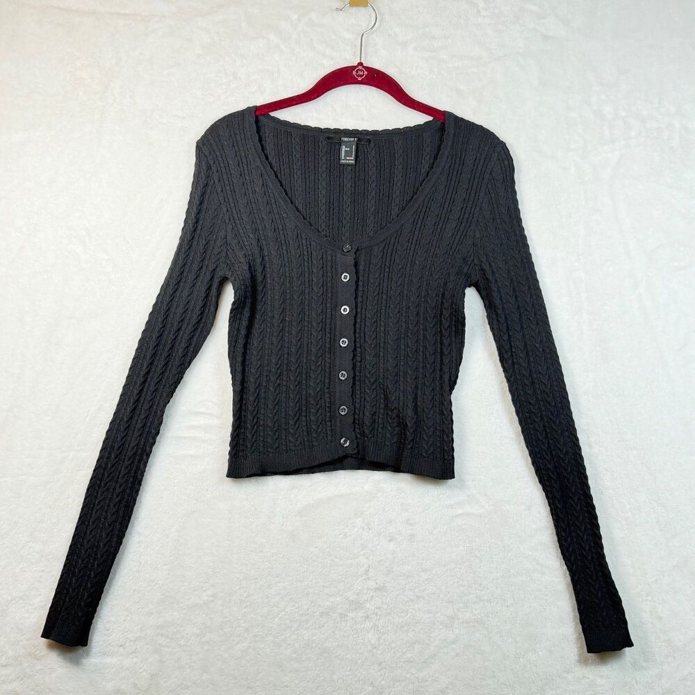 Forever 21 Womens S Black Cable Knit Cropped Cardigan Button Front Sweater